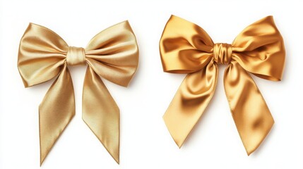 Two styles of gold silk ribbon bows, isolated on a white background.
