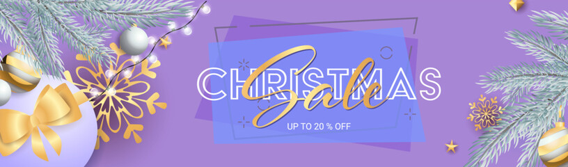 Christmas Sale lettering with sparkling silver light bulbs, presents and gold star decoration on purple background. Up to percent lettering can be used for posters, leaflets, announcements