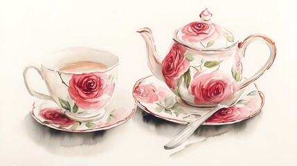 Fototapeta premium Watercolor tea set adorned with classic rose designs. 