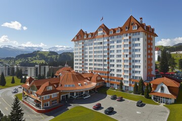 Stunning architectural design of a grand hotel nestled in a picturesque alpine setting, showcasing a unique blend of modern and classic styles amidst breathtaking mountainous backdrops