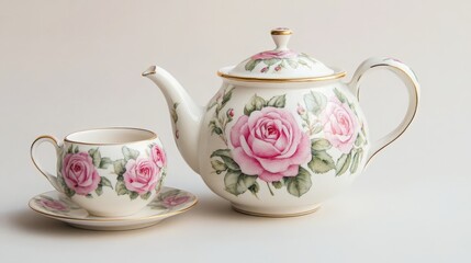 Watercolor tea set adorned with classic rose designs. 