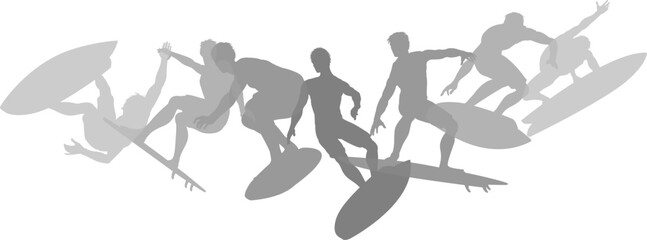 Surfers Surfing on their Surf Boards Silhouette set. Active sports people healthy players fitness silhouettes concept.