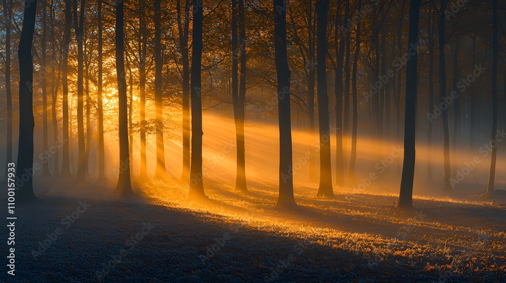Poster mystical forest at sunrise with sunbeams piercing through trees and enveloping foliage in a serene a