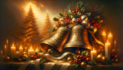 golden holiday bells glow softly in the warm flicker of candlelight on a magical Christmas night, creating a cozy, festive atmosphere filled with holiday spirit and joy