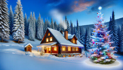 Fototapeta premium a charming winter snowy village scene adorned with Christmas lights and holiday cheer, captured in a cozy greeting card style, evoking warmth and festive spirit during the holiday season
