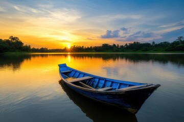 Obraz premium A blue boat sits in a lake at sunset