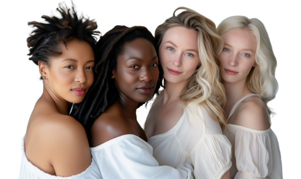Smiling Multiracial Group of Women on Transparent Background, Friends, Sisterhood Having Fun Together, DEIB, Fashion and Friendship.