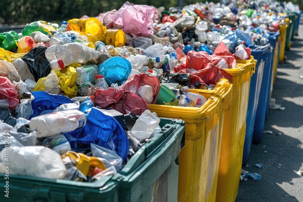 Poster a row of garbage bins overflowing with plastic waste