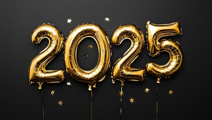  3D &ldquo;2025&rdquo; Text Made from Gold Balloons, Isolated on a Black Background, Minimalist Style, Graphic Design Poster Art