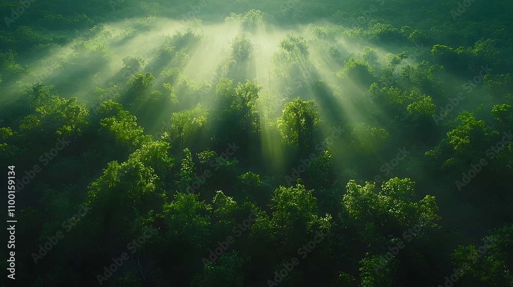 Poster Aerial View of Lush Green Forest with Sunlight Rays Streaming Down Through the Canopy Creating a Mystical Atmosphere in Nature