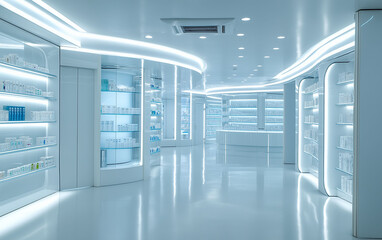 Obraz premium Pharmaceutically medicine concept. Modern, bright interior of a clean, minimalist retail space.