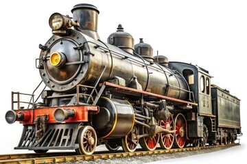 Obraz premium Vintage steam locomotive on a white backdrop, embodying classic train aesthetics perfect for nostalgic themes, retro travel, and historical railway imagery. Timeless transportation iconography.