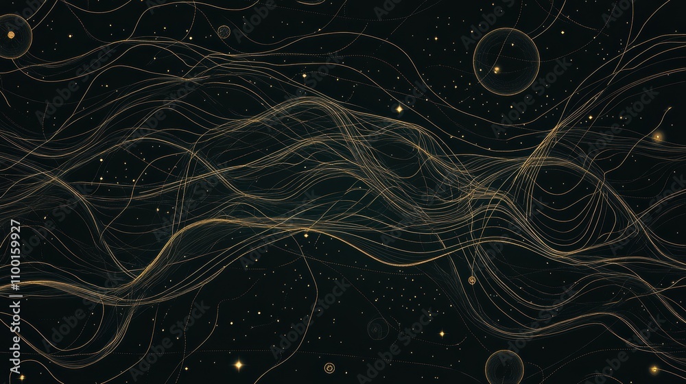 Poster Abstract digital artwork featuring flowing lines and bubbles against a dark background, evoking a sense of movement and depth.