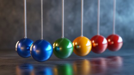 Naklejka premium Colored Newtonâ€™s cradle showcasing a realistic 3D rendering.