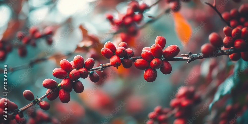 Poster a bunch of bright red berries hang from a tree branch