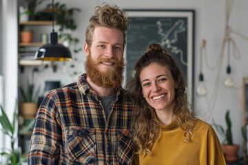 Fototapeta premium Portrait of a happy couple in their 20s dressed in a relaxed flannel shirt in scandinavian-style interior background