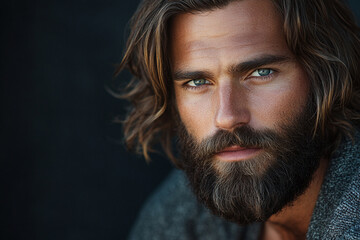 Obraz premium Handsome man's well-maintained beard and shoulder-length hair.