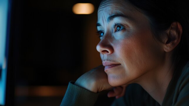 Focused woman engaged in digital work home office portrait intimate environment side view modern lifestyle and technology