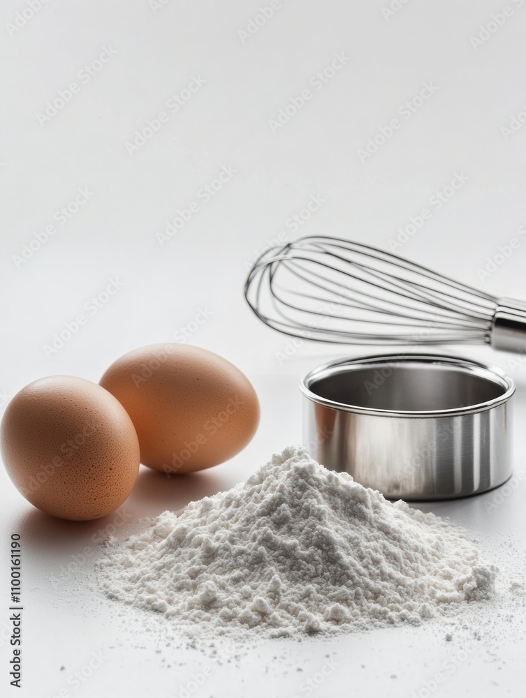 Poster flour, eggs, a whisk, and a measuring cup are beautifully arranged on a white background, creating a