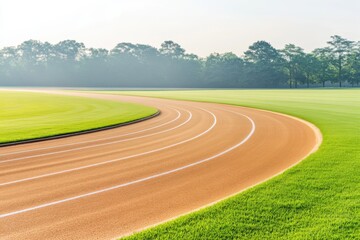 Naklejka premium Sunlit Curved Running Track Amid Lush Green Fields and Misty Morning Trees