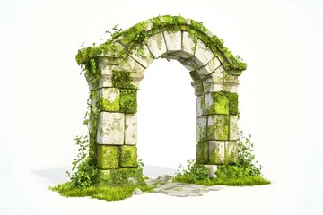 Fototapeta premium Abandoned Stone Archway Covered in Greenery and Moss Amidst a Bright Background