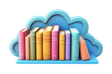 A colorful bookshelf styled as a cloud, featuring a row of diverse, vibrant books in various pastel colors.