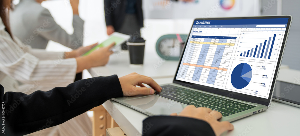 Poster spreadsheet document information financial startup concept. data and graphs in spreadsheet documents