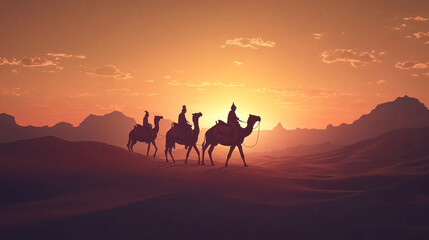 Silueta de tres camellos con jinetes al atardecer en el desierto