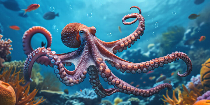 octopus underwater in the ocean Generative AI - Powered by Adobe