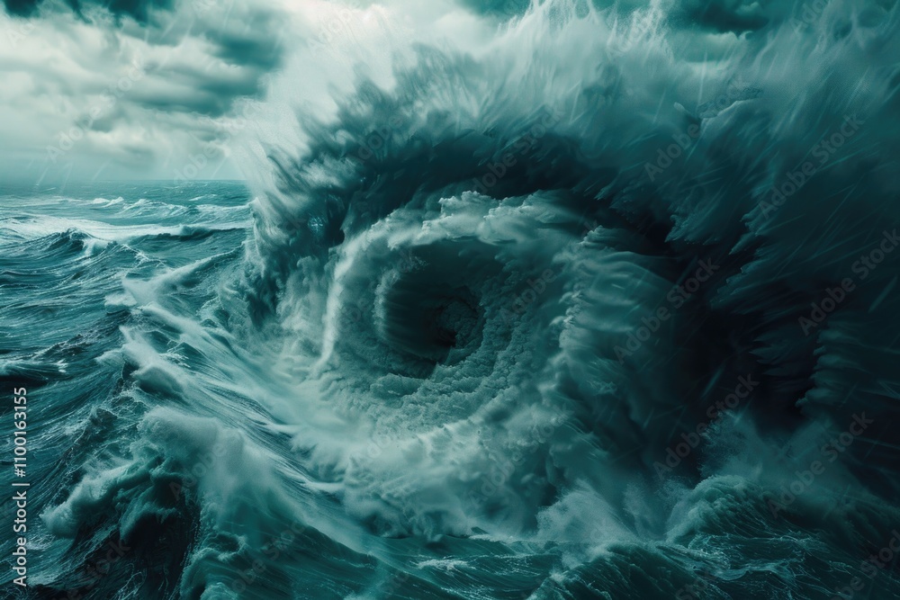 Poster powerful ocean wave crashing into the sea on a cloudy day, great for use in travel or nature-themed 