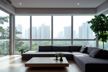 Fototapeta premium Minimalist living room featuring a low-profile gray sofa, a single coffee table, and floor-to-ceiling windows, offering a serene atmosphere.