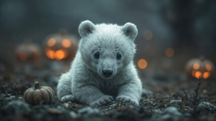 Curious Polar Bear Cub Exploring Autumn Pumpkins1 © LYADesigner