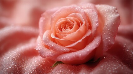 A delicate pink rose adorned with morning dew, symbolizing beauty and freshness, sits gracefully upon soft petals, capturing nature's serene essence