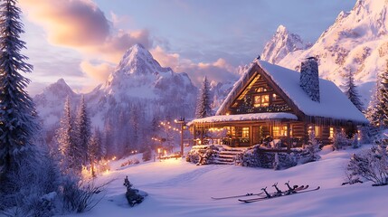 42. A cozy mountain lodge surrounded by snow with ski equipment resting outside