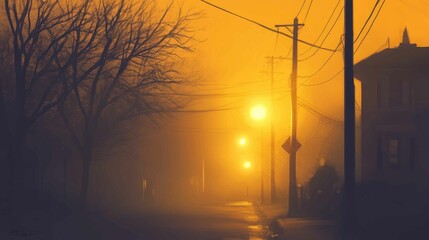 Streetlights shining through thick evening fog, creating an eerie, golden glow in a quiet urban setting