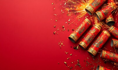 Festive red background with decorative firecrackers and sparks for celebration.