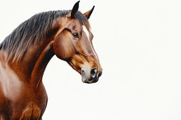 Fototapeta premium A close-up shot of a brown horse against a white background