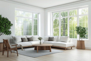 Obraz premium Spacious living room with white walls, minimalist furniture, and large windows allowing natural light, featuring wooden accents.