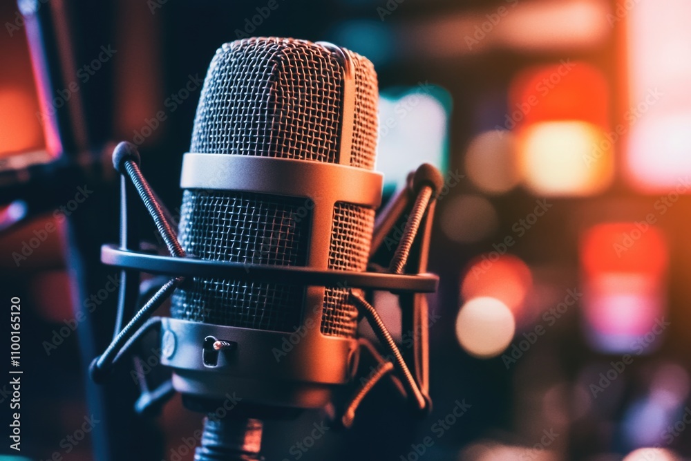 Poster a close-up shot of a microphone with a blurred background, suitable for music-related projects or pr