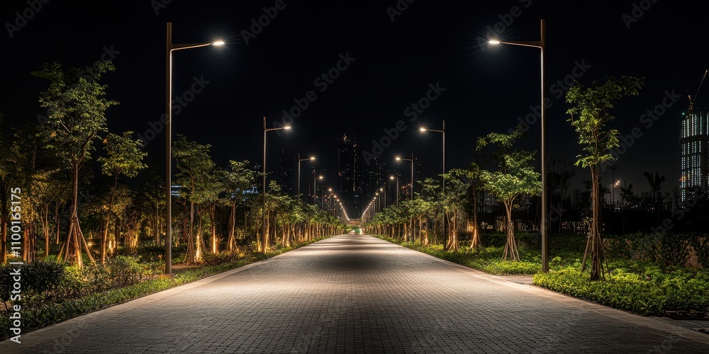 Poster a serene nighttime view of a well-lit tree-lined path, featuring street lamps illuminating the way a
