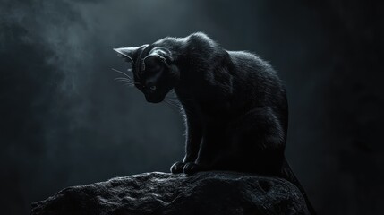 Fototapeta premium Mysterious Black Cat Sitting on Rock in Dimly Lit Environment