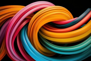 A vibrant swirl of colorful flexible tubes intertwined against a black background, showcasing a dynamic and artistic design.