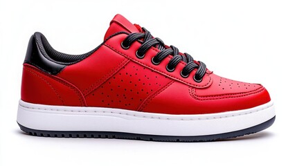 A photostock of a sleek modern red sneaker, isolated on a clean white background, emphasizing style and performance. High Quality