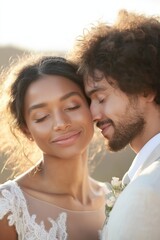 Fototapeta premium A couple is hugging and smiling in front of a mountain. The woman is wearing a wedding dress and the man is wearing a suit. Scene is happy and romantic