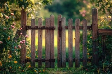 Obraz premium A wooden gate surrounded by lush greenery and colorful flowers, great for landscape or garden scenes