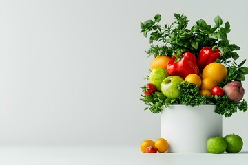 Fresh Vegetables and Fruits in a Modern White Pot on a Light Background for Healthy Lifestyle and Nutrition Themes
