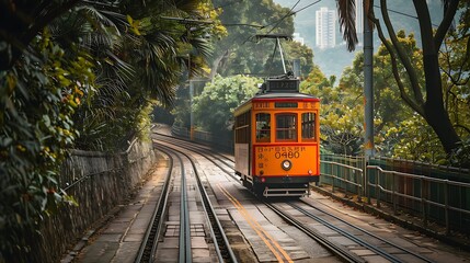 Obraz premium A vintage tram travels along a winding track surrounded by lush greenery in a scenic urban landscape.