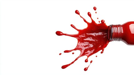 A photostock of a splash of ketchup in mid-air, displayed against a clean white background, bold and dynamic. High Quality