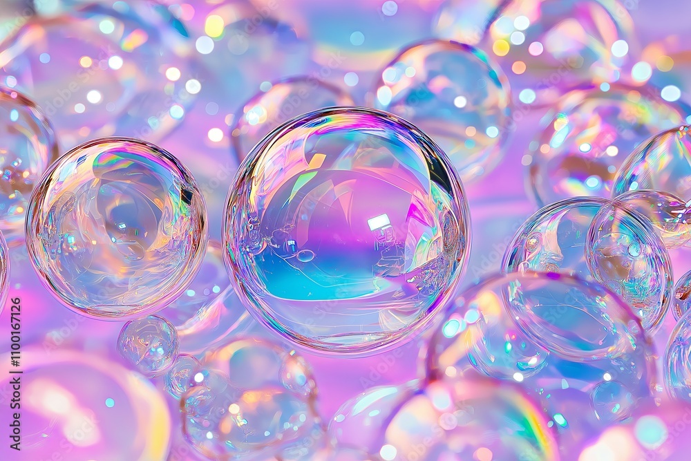 Poster close-up of shimmering soap bubbles reflecting iridescent rainbow hues.