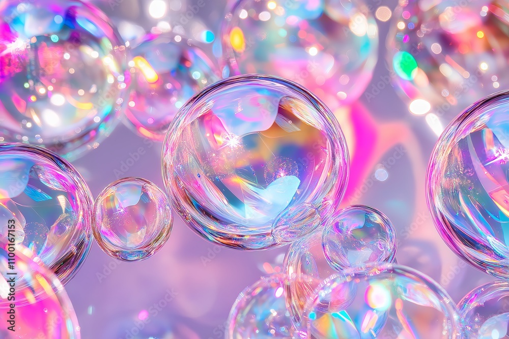 Poster close-up of shimmering soap bubbles reflecting iridescent rainbow hues.
